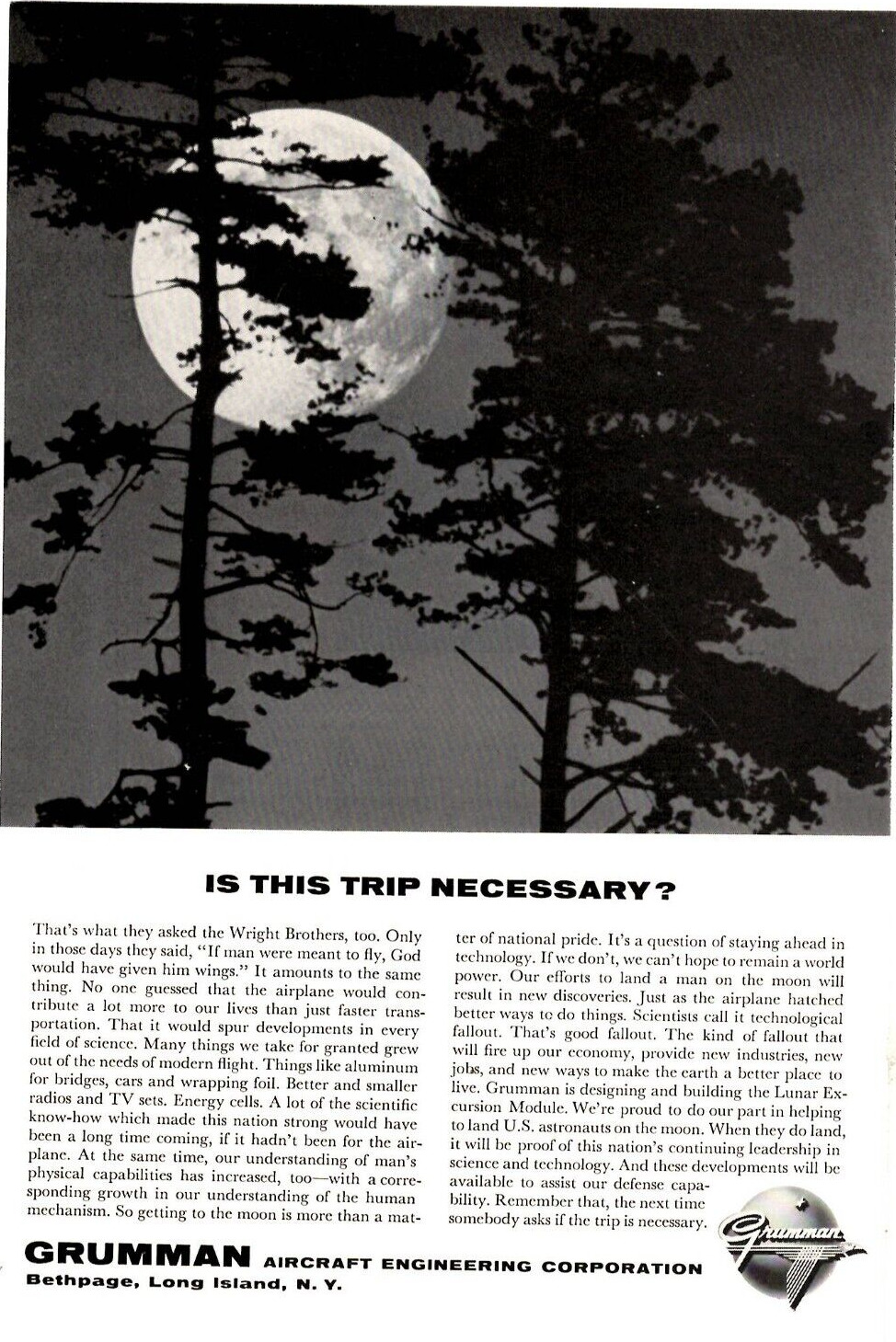 1964 Print Ad Grumman Aircraft Corp Is this Trip Necessary?Moon Landing Wright