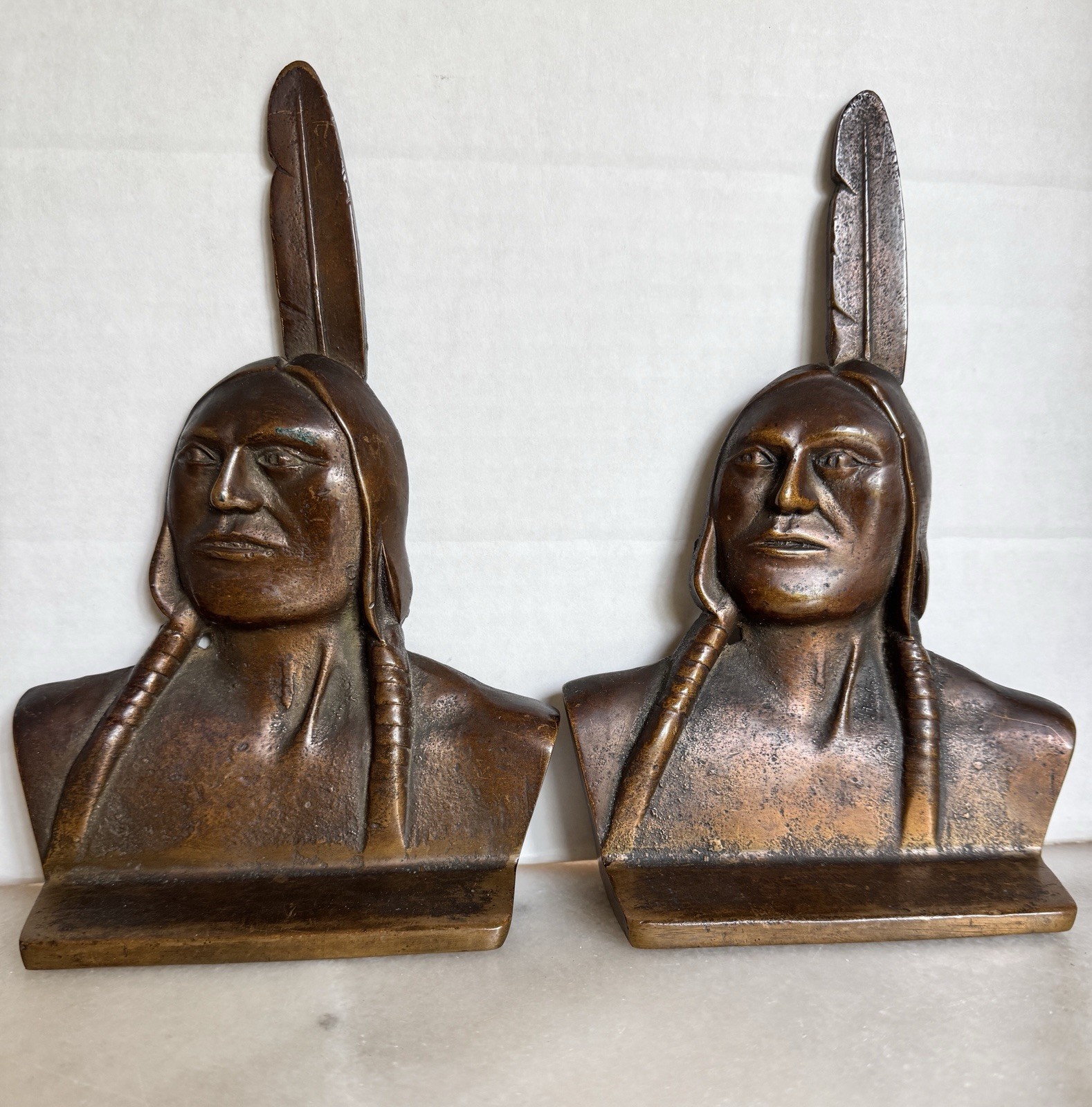 Rare Antique 1920s George J. Faneuf Solid Bronze Native American Chief Bookends Rare Antique 1920s George J. Faneuf Solid Bronze Native American Chief Bookends