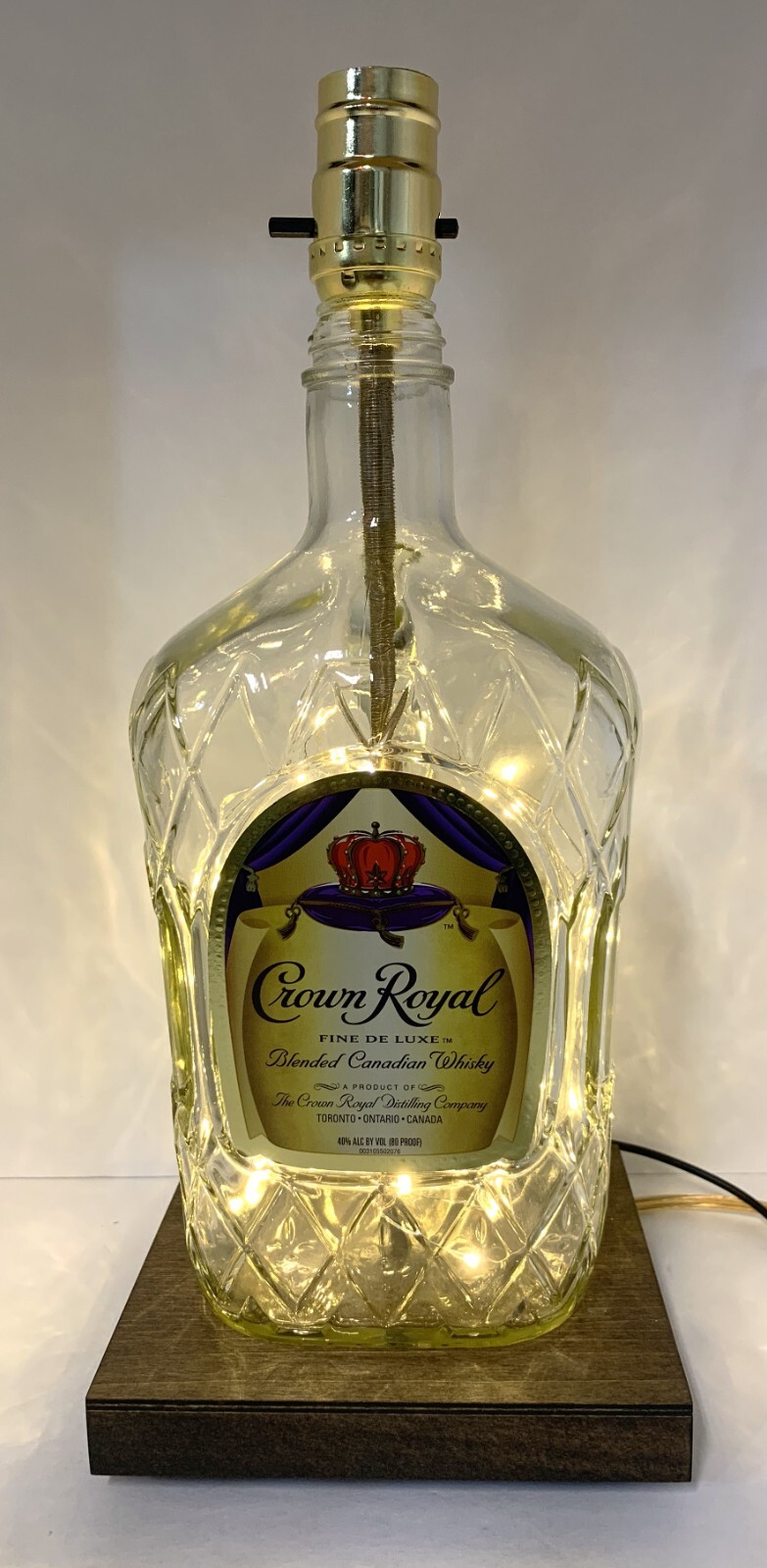 Crown Royal 1.75L Bottle TABLE LAMP Bar Light with USB Fairy Lights & Wood Base