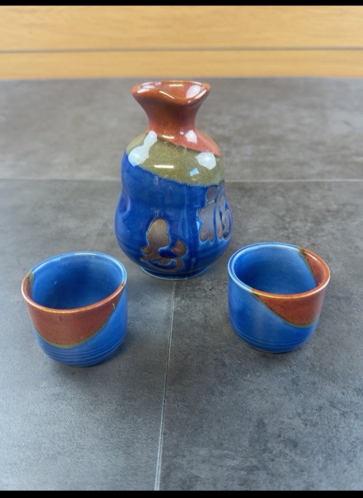 Japanese Ceramic Blue & Rust Sake Set Hand Made in Japan Japanese Ceramic Blue & Rust Sake Set Hand Made in Japan