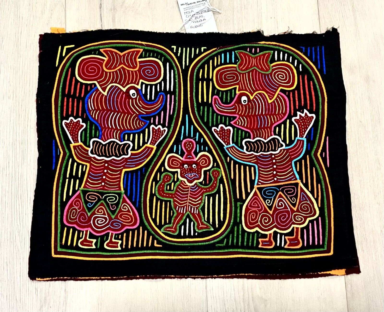 Vintage Guna Kuna Mola Panama Bird Human Fiqures Folk Art Gallery Black NWT