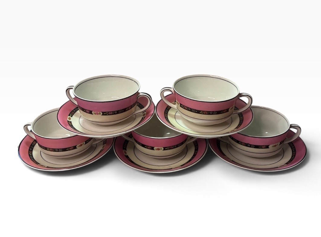 Rare Antique Syracuse China Art Studio Hot Pink Floral Set of 5 Cups & Saucers
