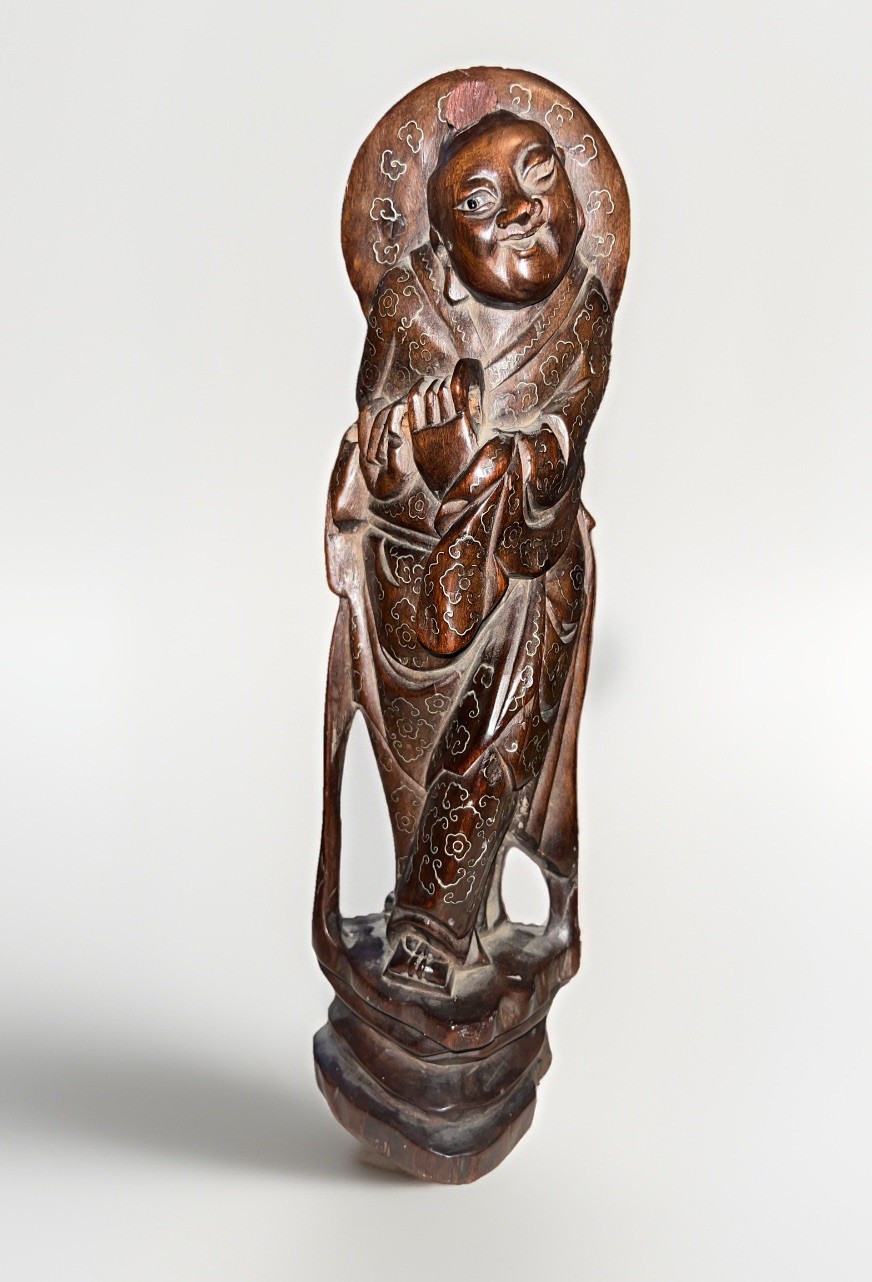 Antique Chinese Carved Hardwood Figure Silver Wire Inlay Daoist Deity 11\