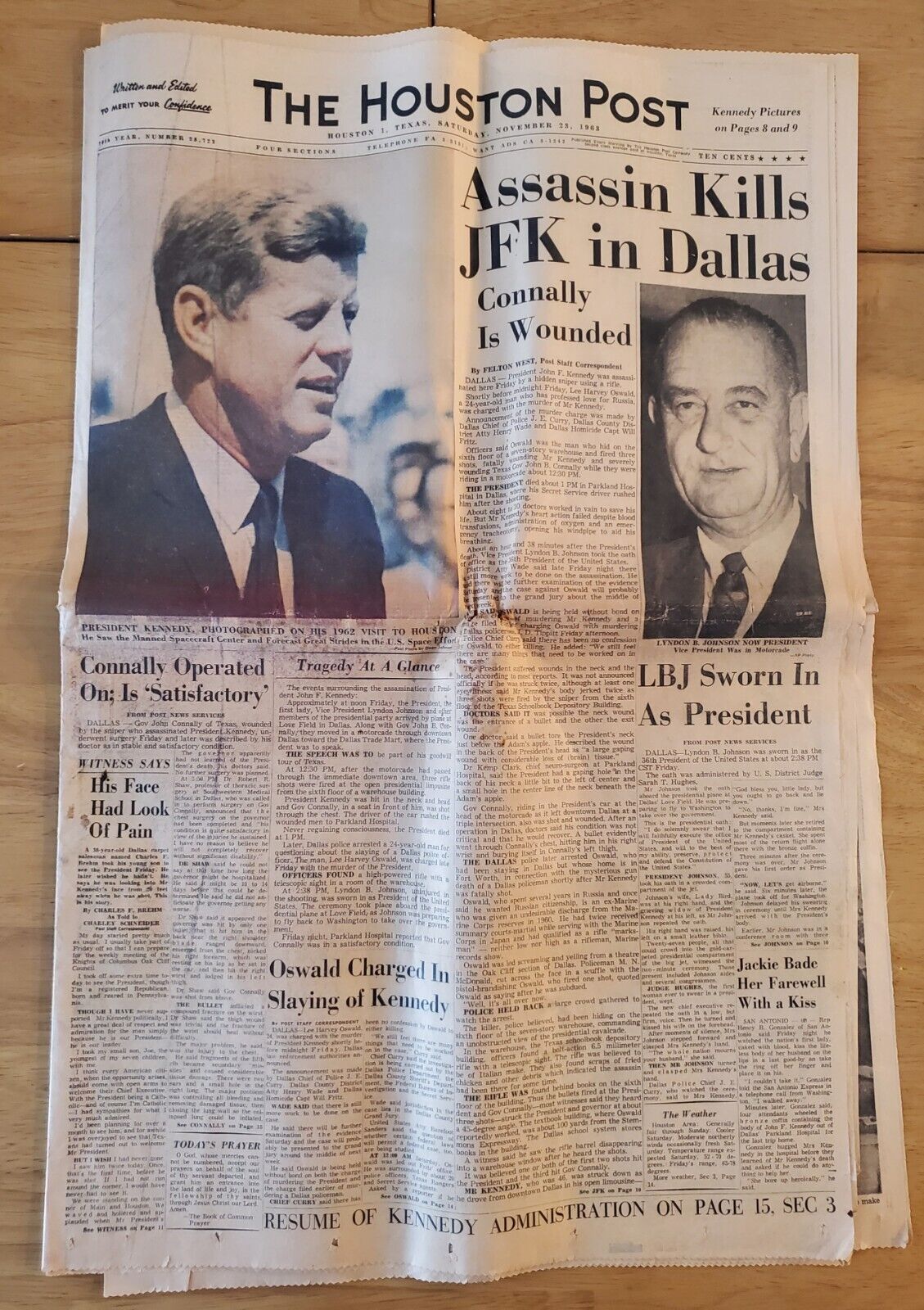 Vintage Rare TheHouston Post Newspaper Assassin Kills JFK in Dallas Nov 23, 1963