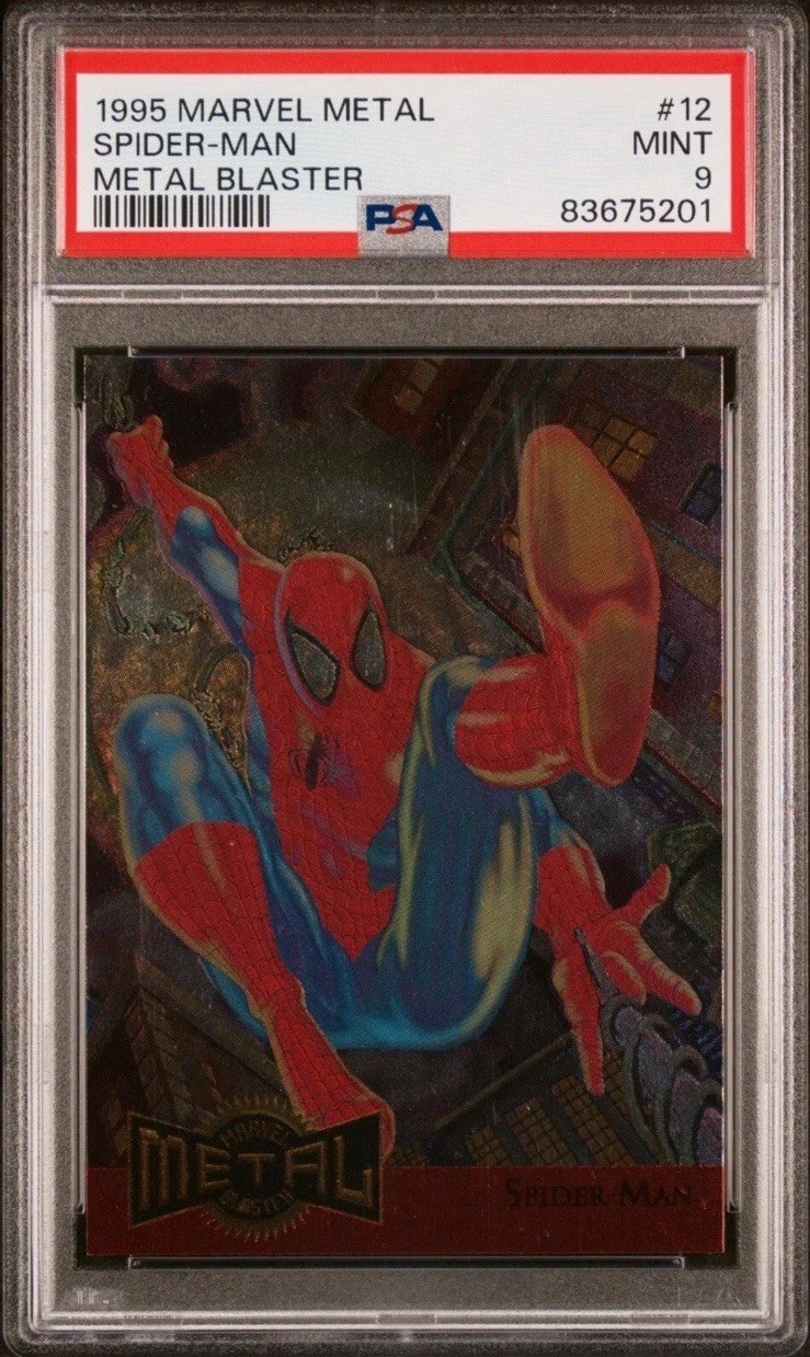 1995 Marvel Metal Spiderman #12 PSA 9 Spider-Man Metal Blaster Inaugural Year RC 1995 Marvel Metal Spiderman #12 PSA 9 Spider-Man Metal Blaster Inaugural Year RC