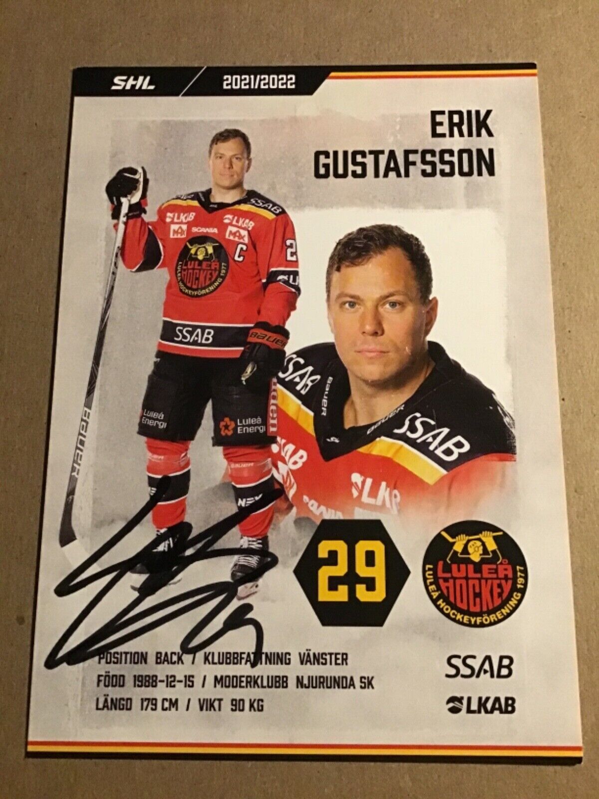 Erik Gustafsson, Sweden 🇸🇪  Lulea HF 2021/22 hand signed 4x6