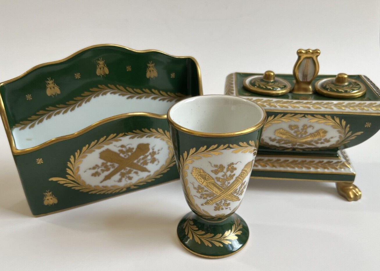 Vintage French Porcelain Handpainted B. Altman & Co Inkwell 3 PIECE SET, Signed, Vintage French Porcelain Handpainted B. Altman & Co Inkwell 3 PIECE SET, Signed,