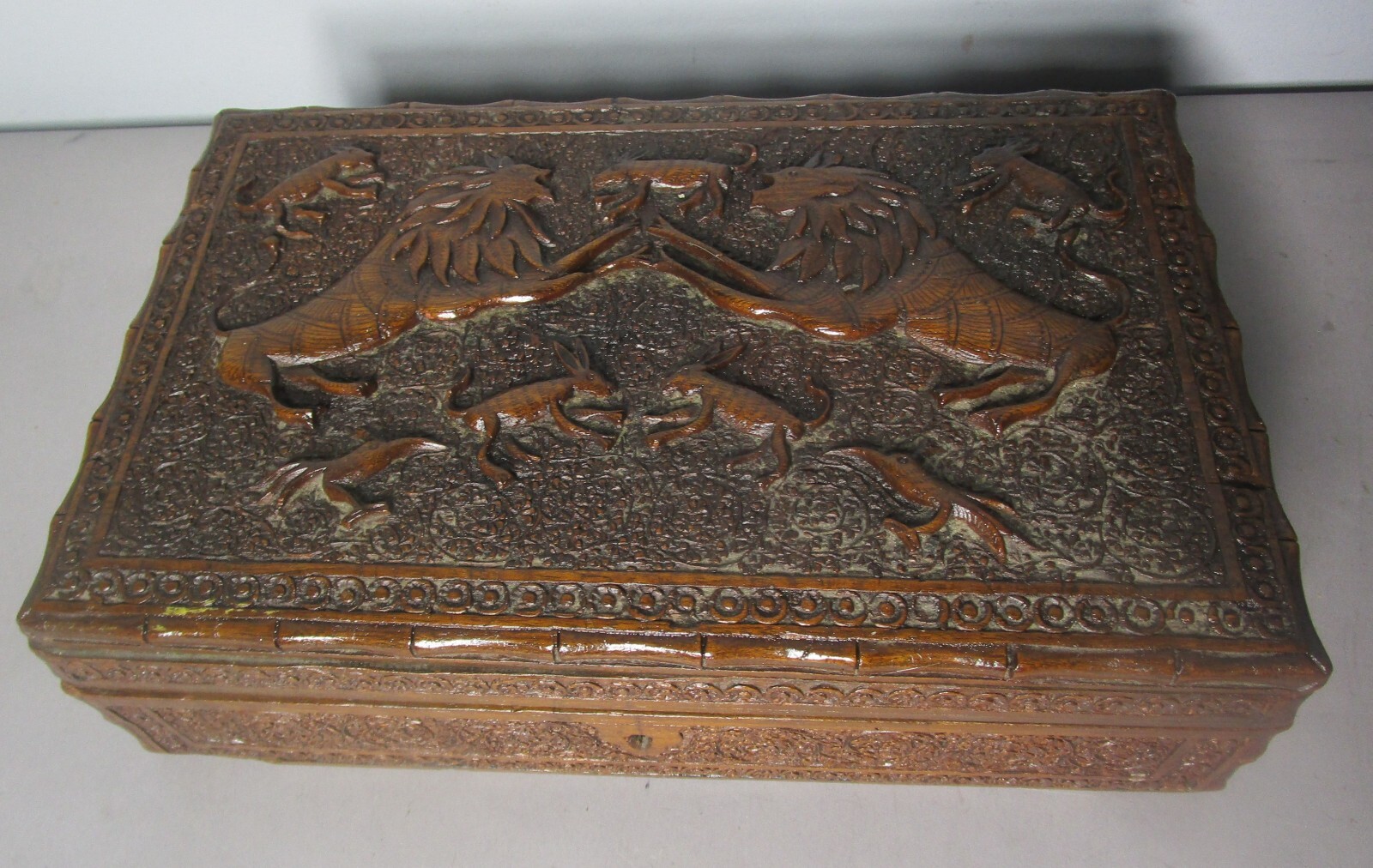 Gorgeous Antique 19th C. ANGLO-INDIANCarved Hardwood Box w/ Animals, c. 1890* Gorgeous Antique 19th C. ANGLO-INDIANCarved Hardwood Box w/ Animals, c. 1890*