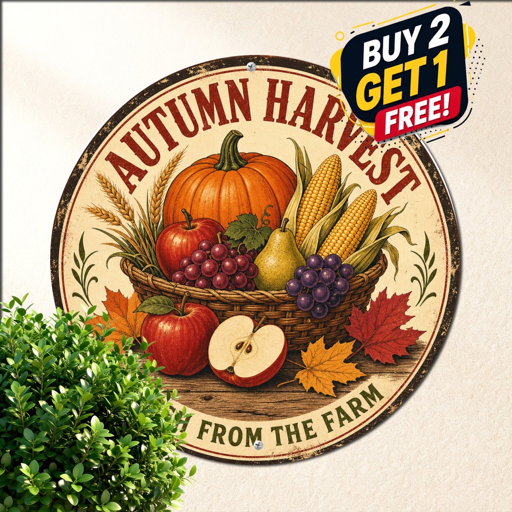 Autumn Harvest Theme Round Metal Sign Rustic Fall Foliage Tin Wall Decor