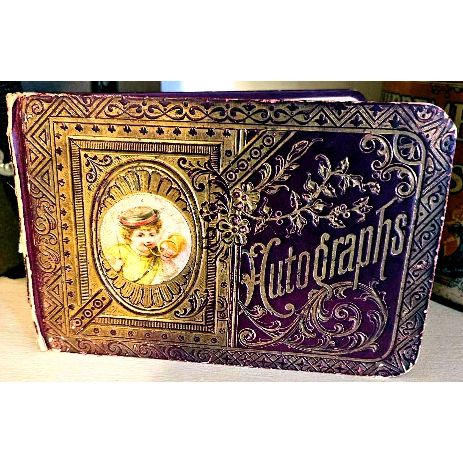 1800's Antique Victorian Leather German Autograph Album Die Cuts Friendship Book