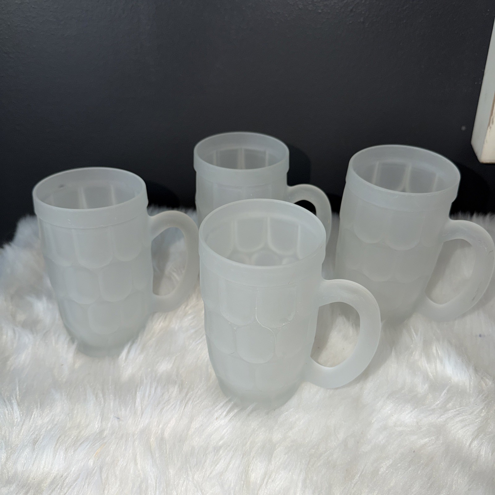 Vintage Indiana Glass / Lancaster Colony Frosted Thumbprint Pattern Mugs Set 4 Vintage Indiana Glass / Lancaster Colony Frosted Thumbprint Pattern Mugs Set 4