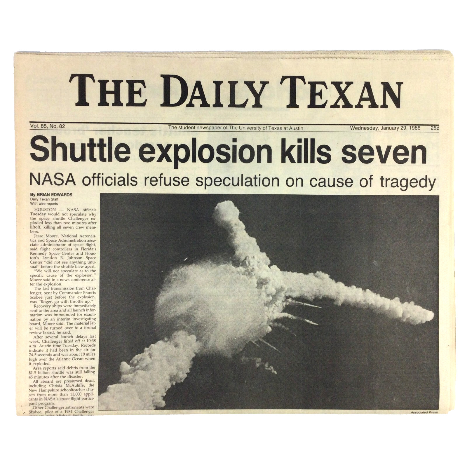 Newspaper NASA Challenger Space Shuttle Explosion DAILY TEXAN Jan 29, 1986 MINT Newspaper NASA Challenger Space Shuttle Explosion DAILY TEXAN Jan 29, 1986 MINT