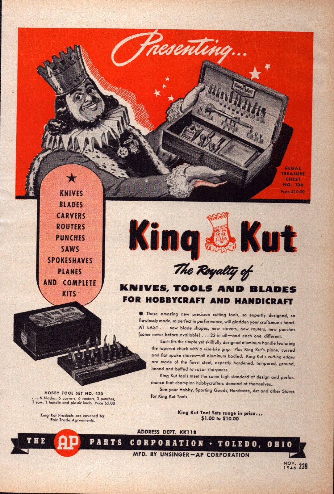 1946 King Kut Print Ad Royalty Of Knives Tools Blades AP Parts Corp Toledo Ohio 1946 King Kut Print Ad Royalty Of Knives Tools Blades AP Parts Corp Toledo Ohio