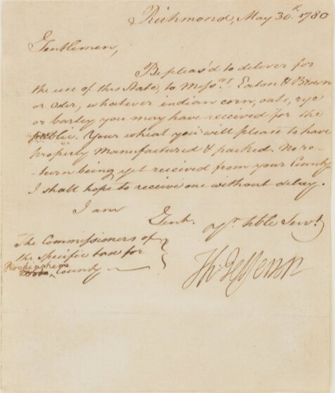 Thomas Jefferson signed letter as governor of Virginia