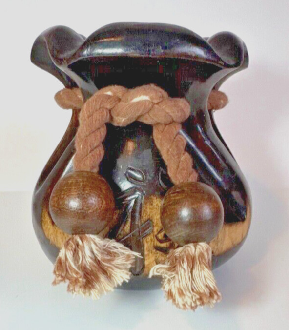 VTG Hand Crafted Lucky Money Pouch Carved Wood Blessing Vase RARE Japan VTG Hand Crafted Lucky Money Pouch Carved Wood Blessing Vase RARE Japan