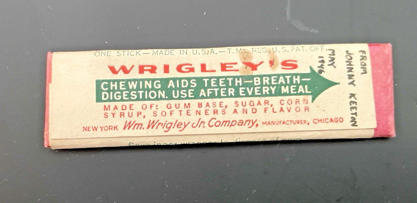 1 Original Wrigley's Spearmint Gum Wrapper with Original Gum Dated May 1946 1 Original Wrigley's Spearmint Gum Wrapper with Original Gum Dated May 1946