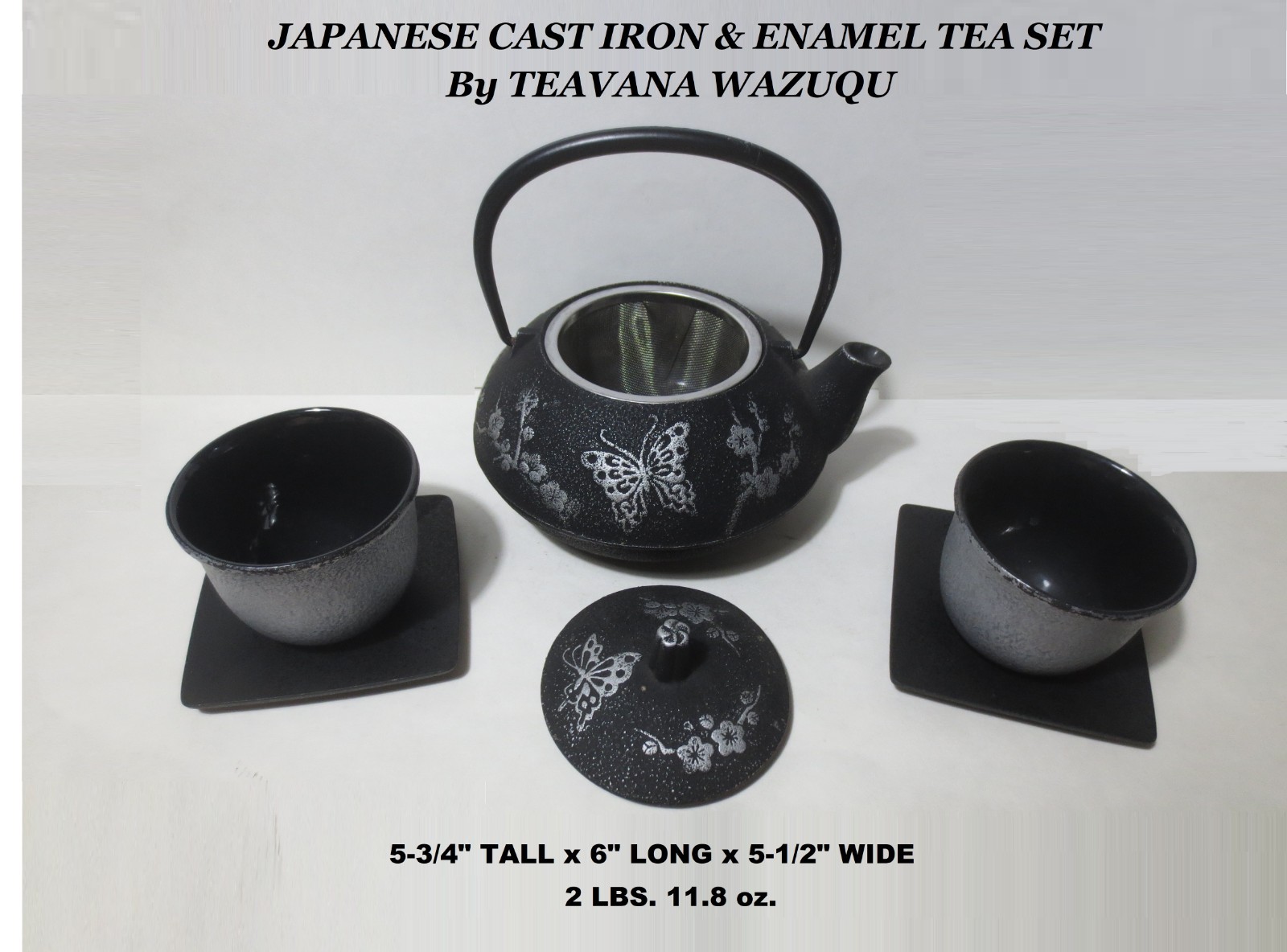 LOW PRICE BUTTERFLY CHERRY BLOSSOM WUZUQU TEAVANA TEA SET CAST IRON ENAMEL JAPAN