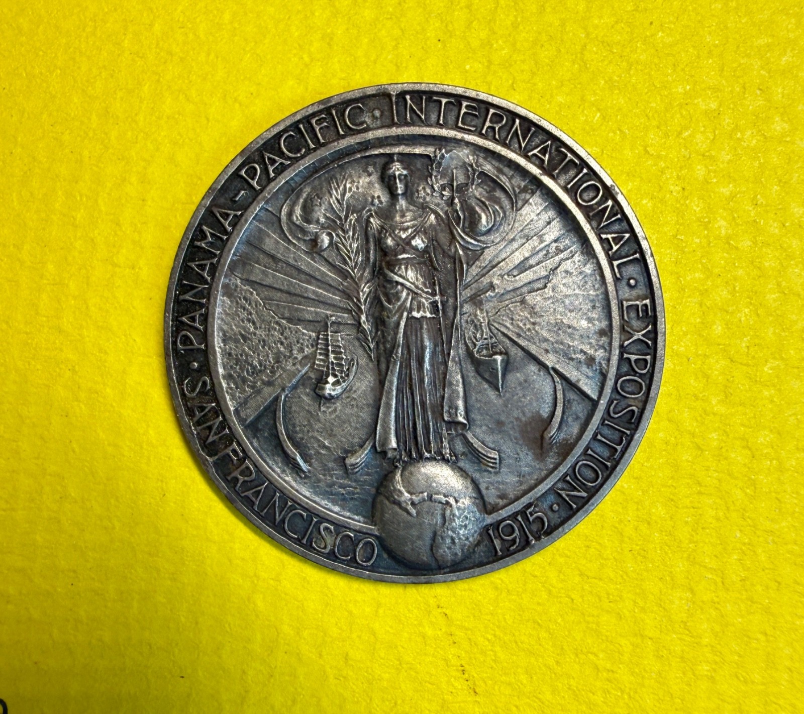 1915 Panama Pacific Exposition souvenir Ribbon Silver Badge Shreve & Co sterling
