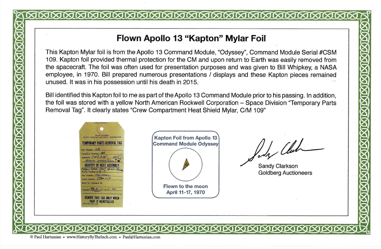 Flown Apollo 13 Kapton Foil from Odyssey Command Module on COA certificate Flown Apollo 13 Kapton Foil from Odyssey Command Module on COA certificate