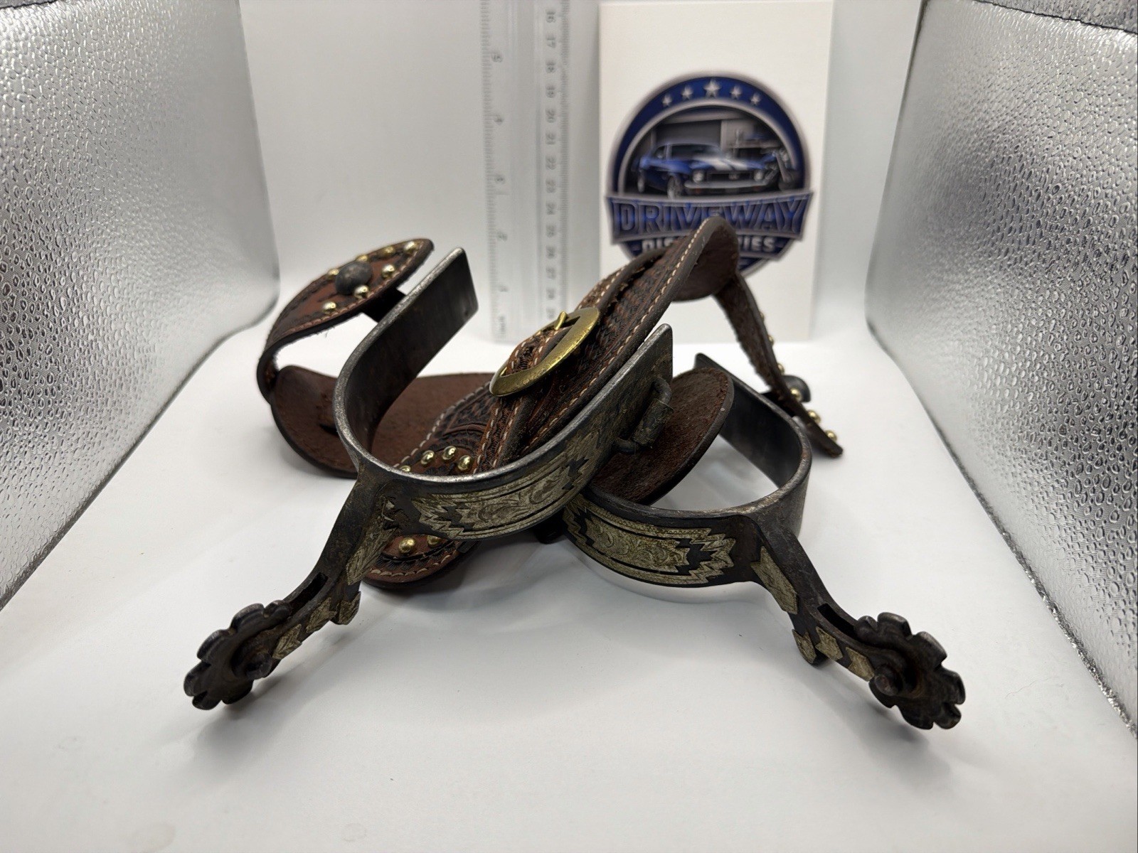 Vintage Fort Riley Cavalry Western Spurs Engraved Silver Overlay Tooled Leather