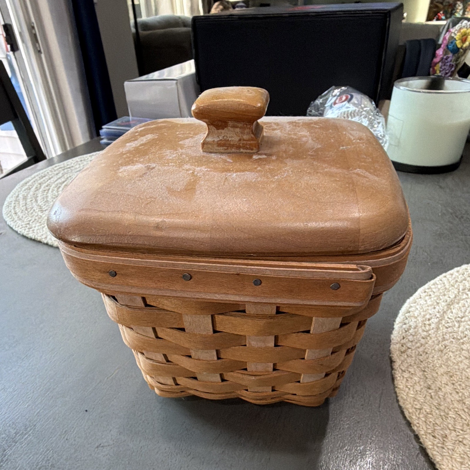 Longaberger Handmade Woven Square Storage Basket w/ Wood Lid Plastic Liner Brown Longaberger Handmade Woven Square Storage Basket w/ Wood Lid Plastic Liner Brown