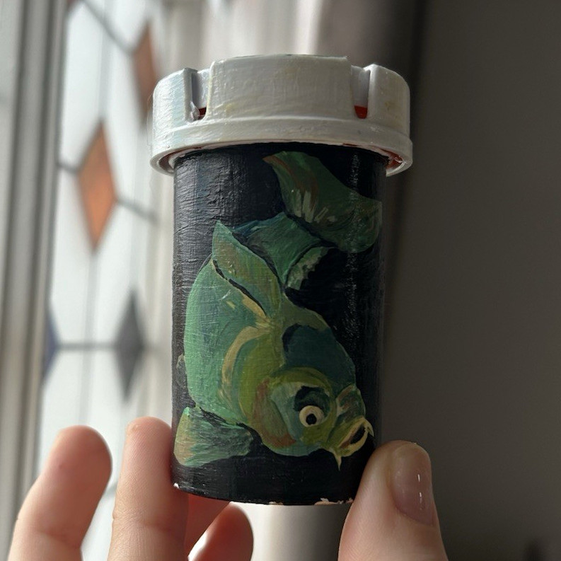 Hand painted (by me), recycled, month supply sized prescription pill bottle
