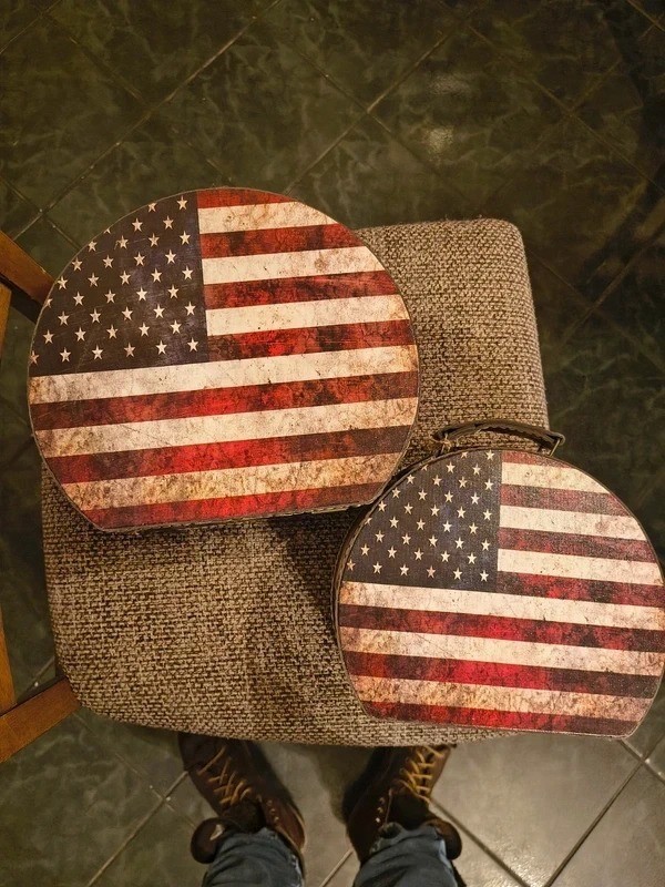 Vintage Distressed American Flag Nesting Suitcases Set of 2 Storage Trunks Vintage Distressed American Flag Nesting Suitcases Set of 2 Storage Trunks