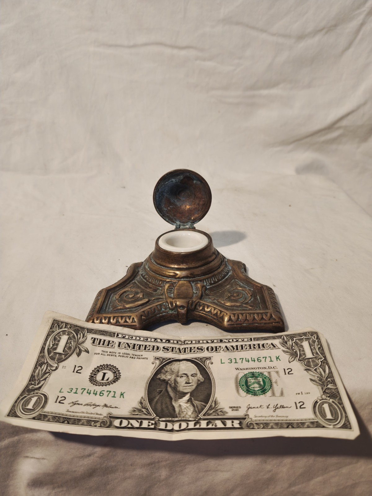 Antique French Art Nouveau Brass Inkwell Cicada Insect Mod Brevet Porcelain Cup Antique French Art Nouveau Brass Inkwell Cicada Insect Mod Brevet Porcelain Cup