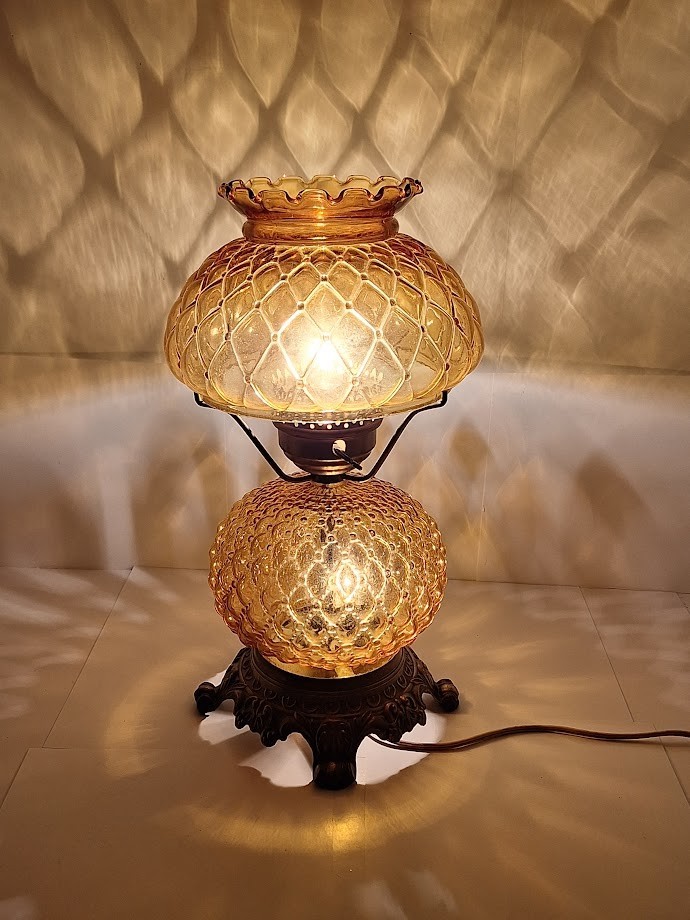 Vintage Amber Hobnail Diamond Quilt Glass Hurricane Ornate Table Lamp GWTW Vintage Amber Hobnail Diamond Quilt Glass Hurricane Ornate Table Lamp GWTW