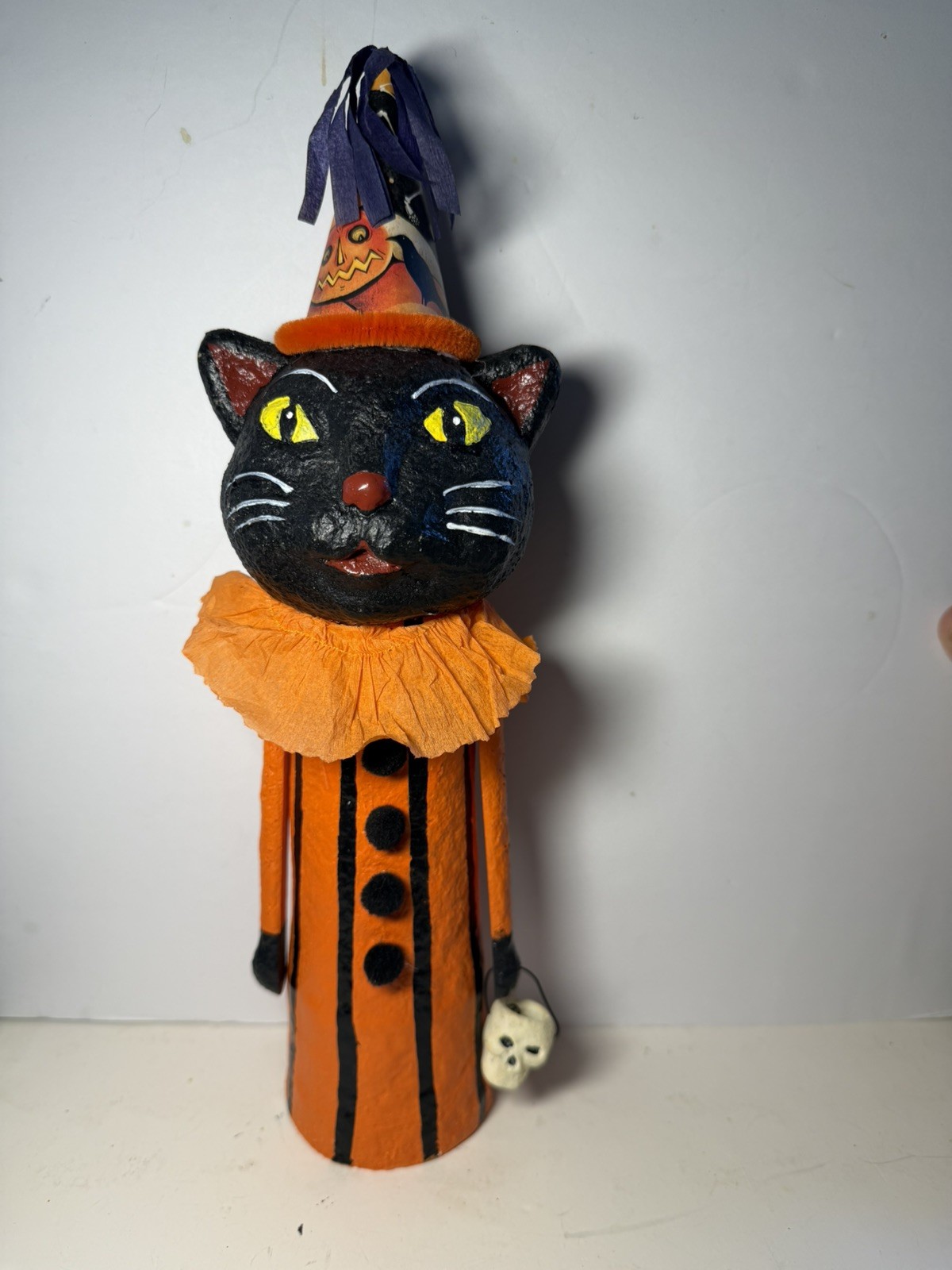 Vintage folk art Halloween Primitive Paper Mache Black Cat Figurine skull bucket Vintage folk art Halloween Primitive Paper Mache Black Cat Figurine skull bucket