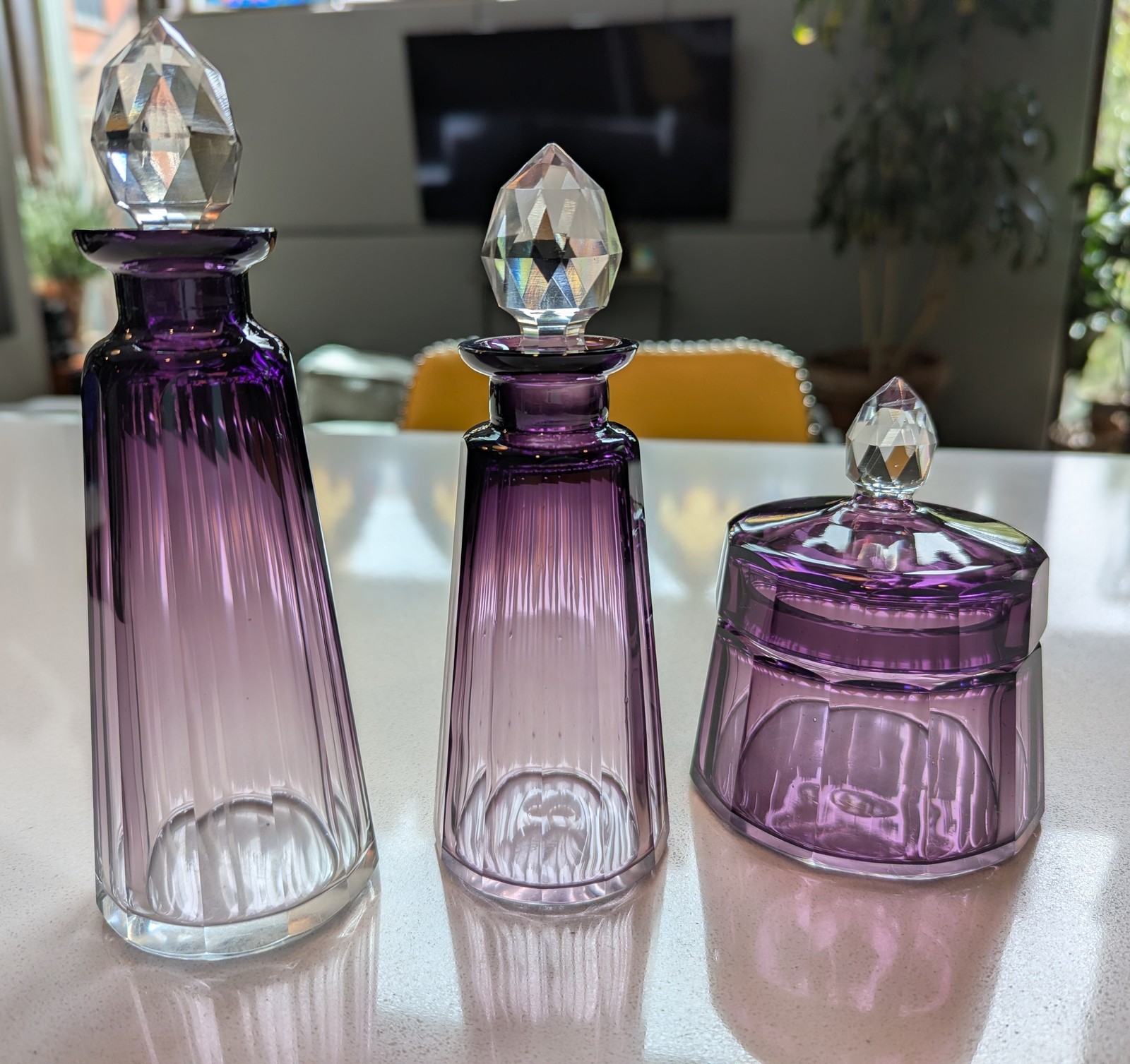 Vintage Signed Moser Alexandrit Amethyst Crystal 3pc Vanity Set Art Deco Bottle Vintage Signed Moser Alexandrit Amethyst Crystal 3pc Vanity Set Art Deco Bottle