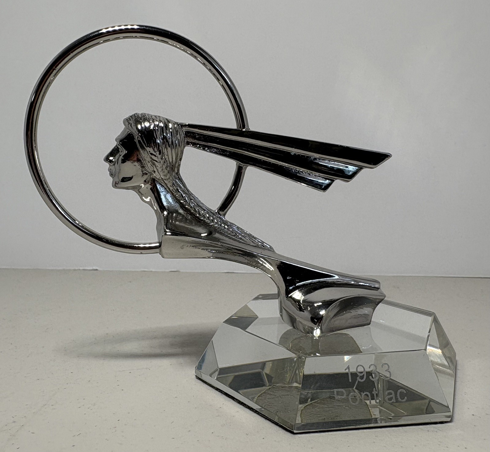 Vintage 1933 Pontiac Hood Ornament Replica Desk Paperweight on Glass Base Vintage 1933 Pontiac Hood Ornament Replica Desk Paperweight on Glass Base