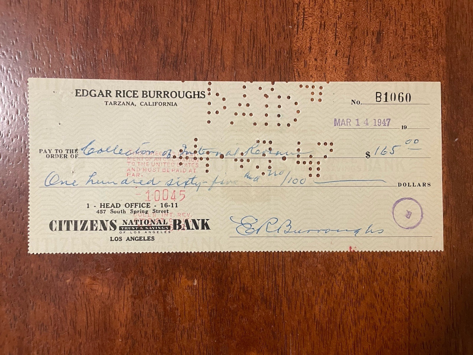 Tarzan Author Edgar Rice Burroughs Signed Autograph Signature Check Tarzan Author Edgar Rice Burroughs Signed Autograph Signature Check