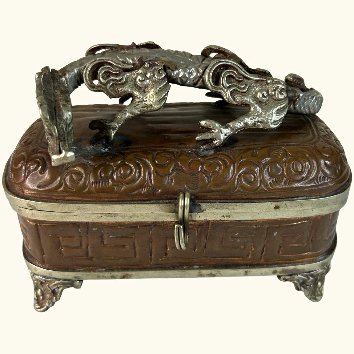 Vintage Copper Mixed Metal Chinese Asian Dragon Trinket Box 5.5” Vintage Copper Mixed Metal Chinese Asian Dragon Trinket Box 5.5”