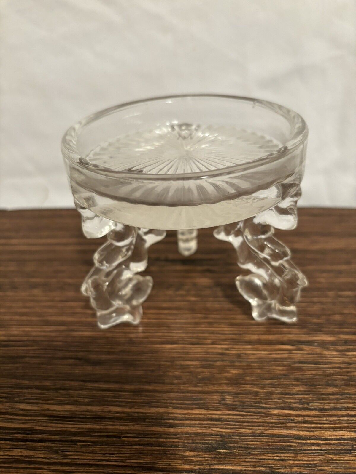 Vintage Candle Holder Clear Pressed Glass 3 Flourished Feet