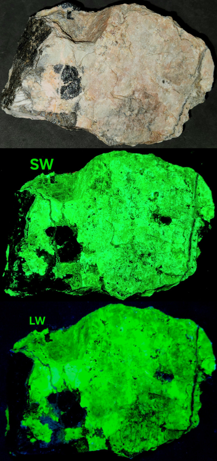 Beautiful SW LW UV Fluorescent Yellow/Green/Pink Willemite w Calcite Franklin NJ