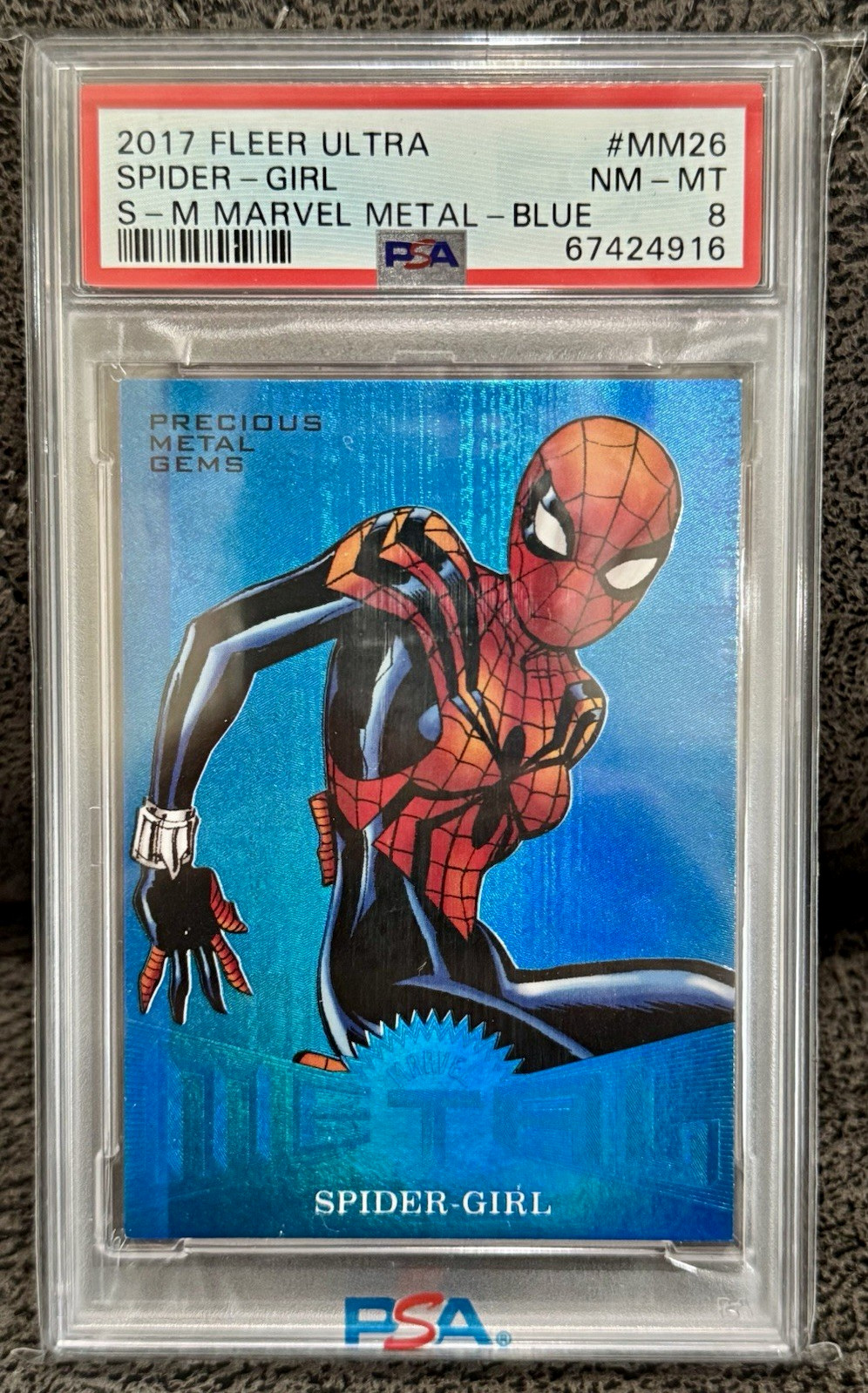 Fleer 2017 Ultra Spider-Man Precious Metal Gems Metal Blue #MM26 PSA 8 40/49 ๐ Fleer 2017 Ultra Spider-Man Precious Metal Gems Metal Blue #MM26 PSA 8 40/49 ๐