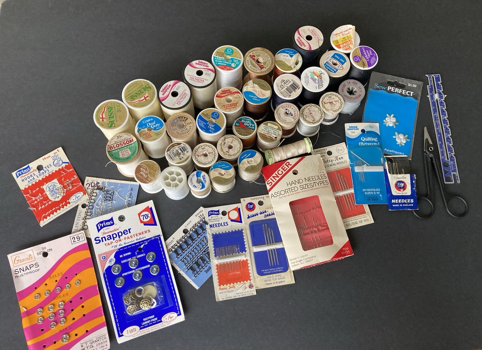 Vintage Sewing Notions Lot: 34 Thread Spools+Needle Packs+Snaps & Hooks Vintage Sewing Notions Lot: 34 Thread Spools+Needle Packs+Snaps & Hooks