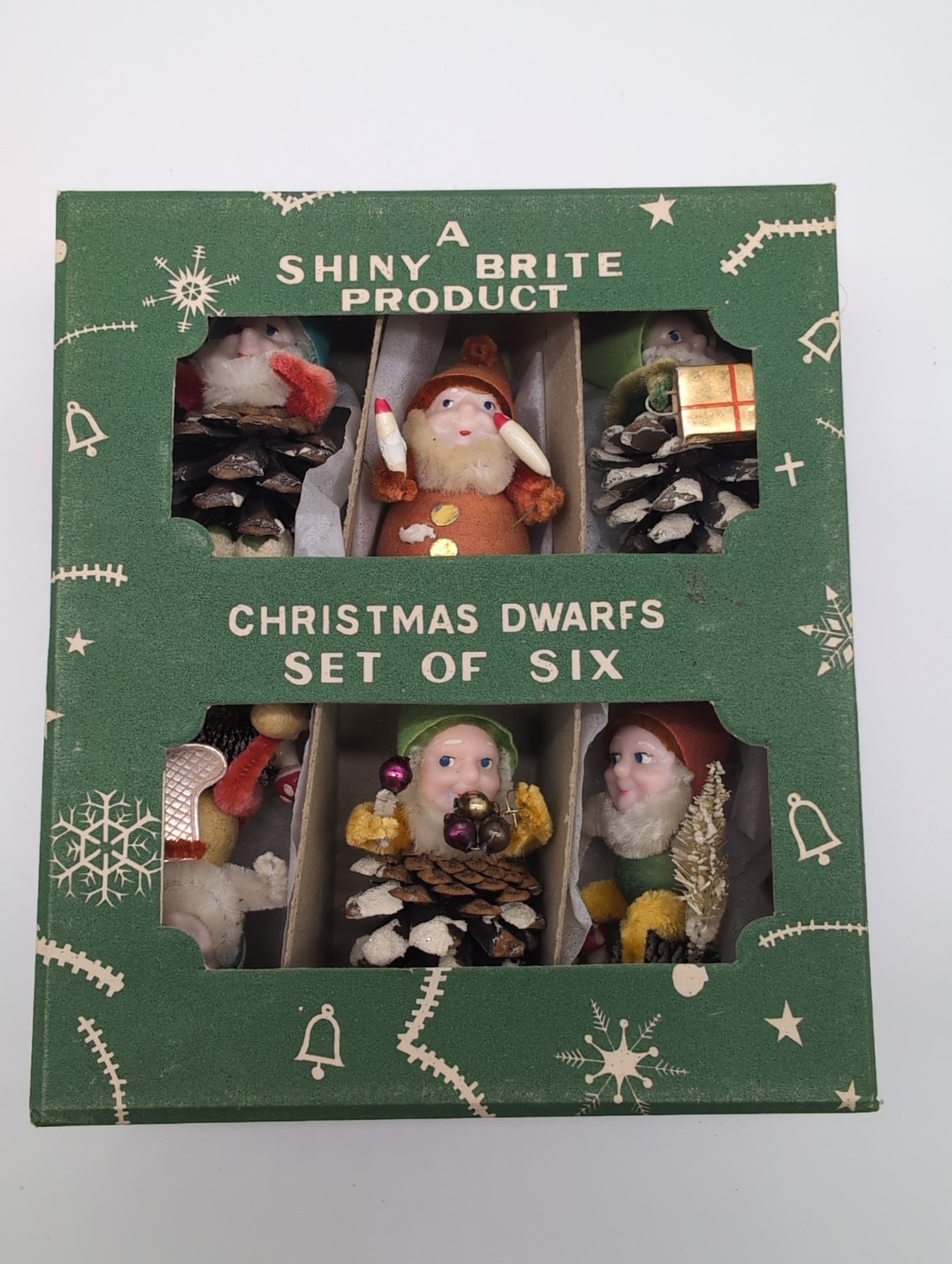 Vintage Shiny Brite Pinecone Christmas Dwarfs No. 8651 Set Of 6 Ornaments Japan 
