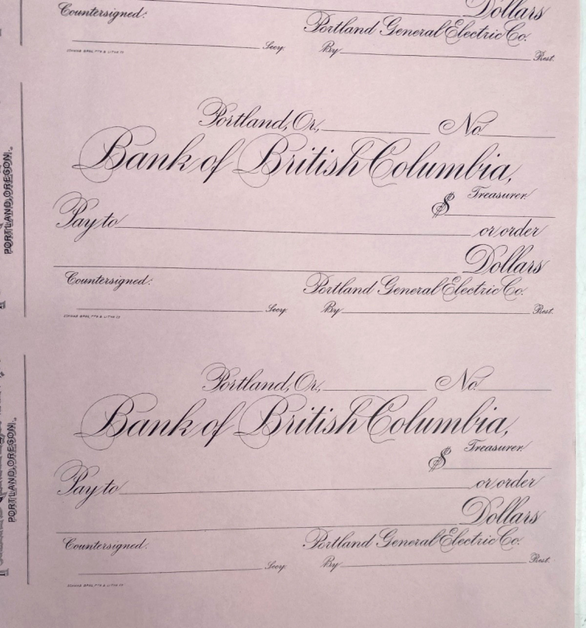 1890s PORTLAND GENERAL ELECTRIC four Oregon bank checks BANK OF BRITISH COLUMBIA 1890s PORTLAND GENERAL ELECTRIC four Oregon bank checks BANK OF BRITISH COLUMBIA