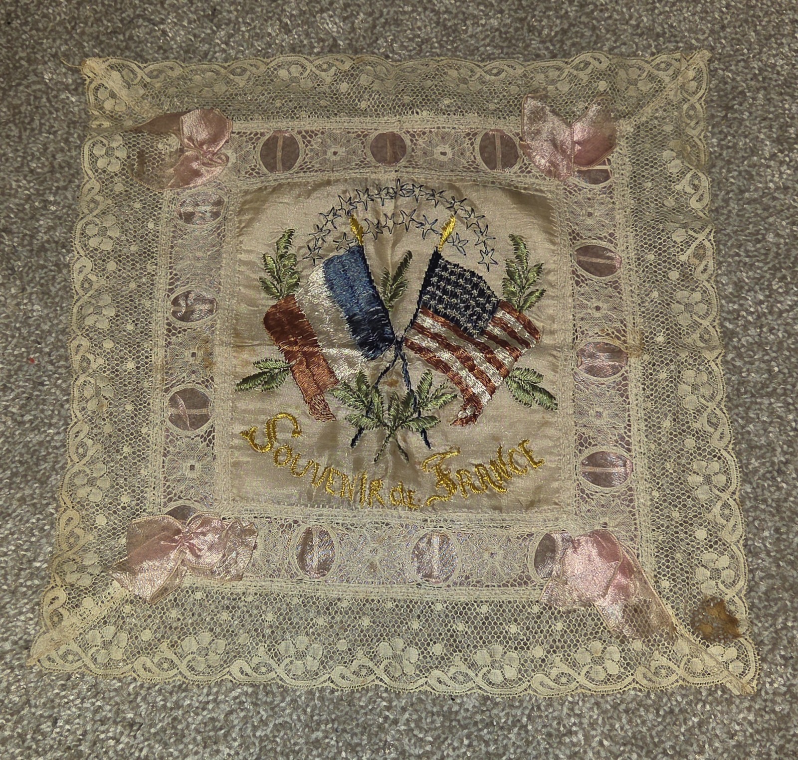 Rare WWI Souvenir of France Pillow Sham Embroidered Flags Silk Pillowcase Rare WWI Souvenir of France Pillow Sham Embroidered Flags Silk Pillowcase