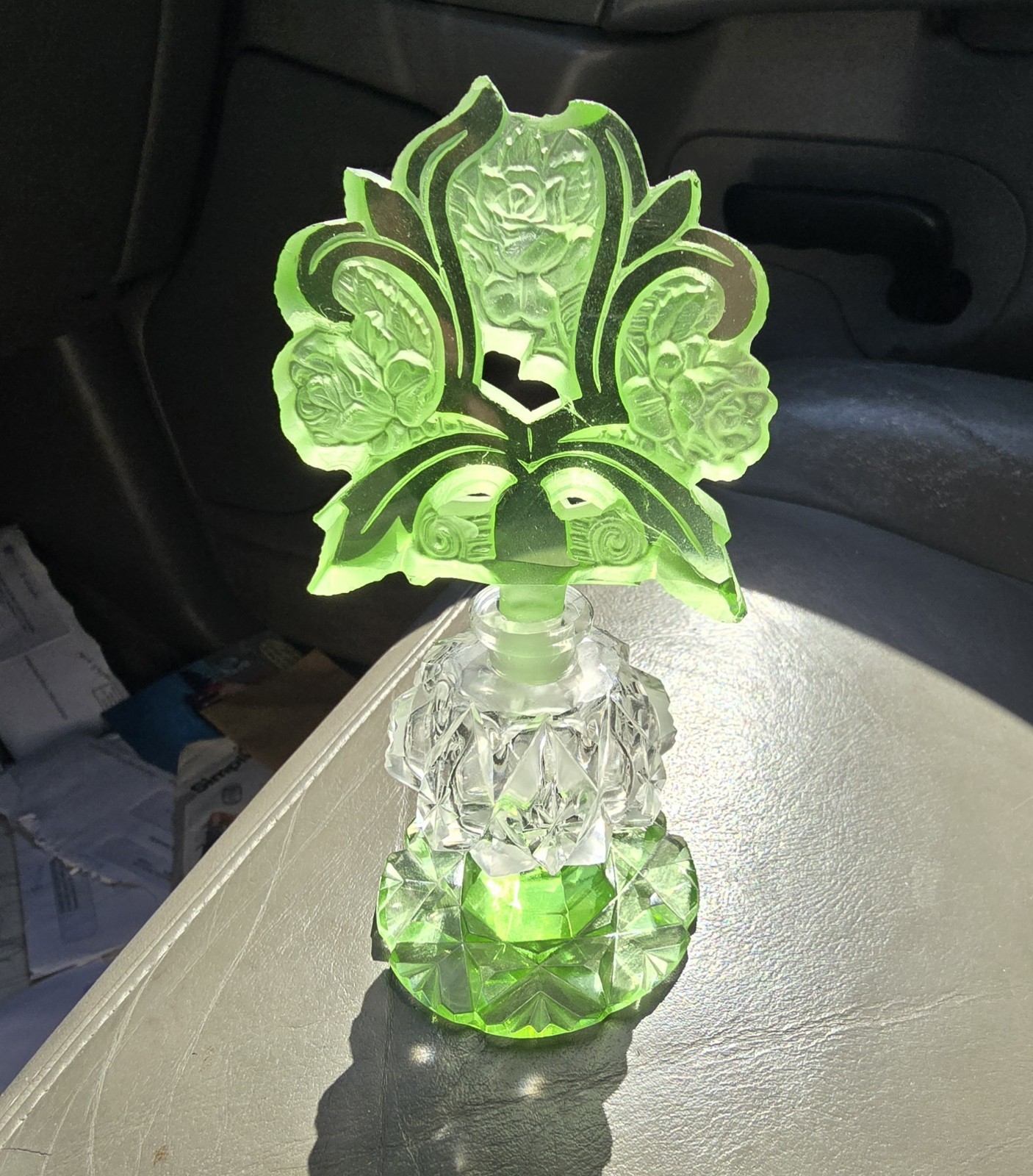 Antique 1920s 30s Czech Perfume Bottle Green Cut Glass Stopper Roses GLOWS Antique 1920s 30s Czech Perfume Bottle Green Cut Glass Stopper Roses GLOWS