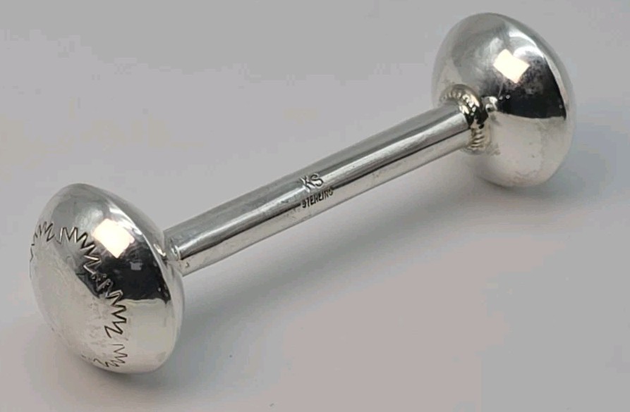 BEAUTIFUL Vintage Navajo — KS STERLING — Hand-Tooled Silver Dumbell Baby Rattle BEAUTIFUL Vintage Navajo — KS STERLING — Hand-Tooled Silver Dumbell Baby Rattle