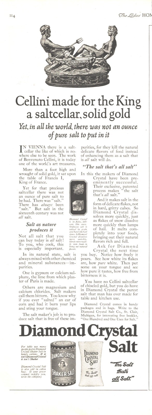 1922 Diamond Crystal Salt Antique Print Ad Cellini Solid Gold Saltcellar King