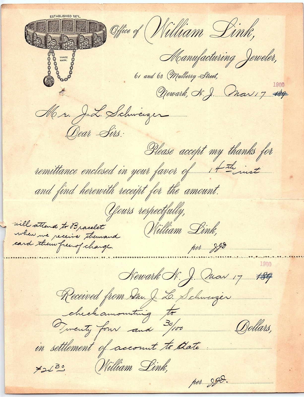 Vintage 1899 William Link Jeweler Newark NJ receipt, bracele Vintage 1899 William Link Jeweler Newark NJ receipt, bracele