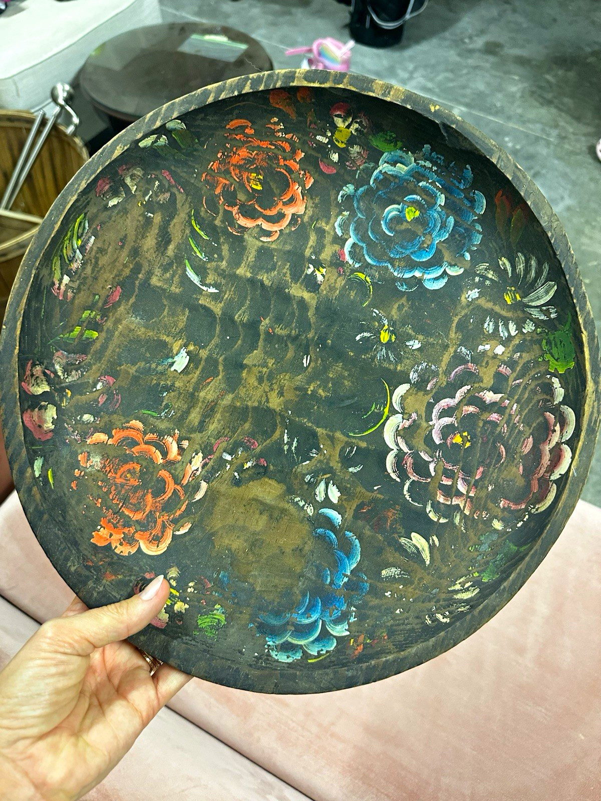 Vintage Mexican Folk Art Batea Bowl 15” Hand Painted Floral Carved Wood Tray