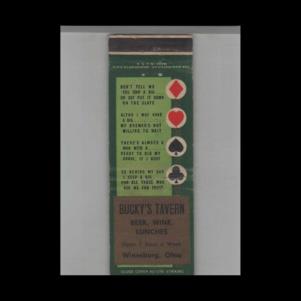 Matchbook Cover Bucky\'s Tavern Winesburg, OH Matchbook Cover Bucky\'s Tavern Winesburg, OH