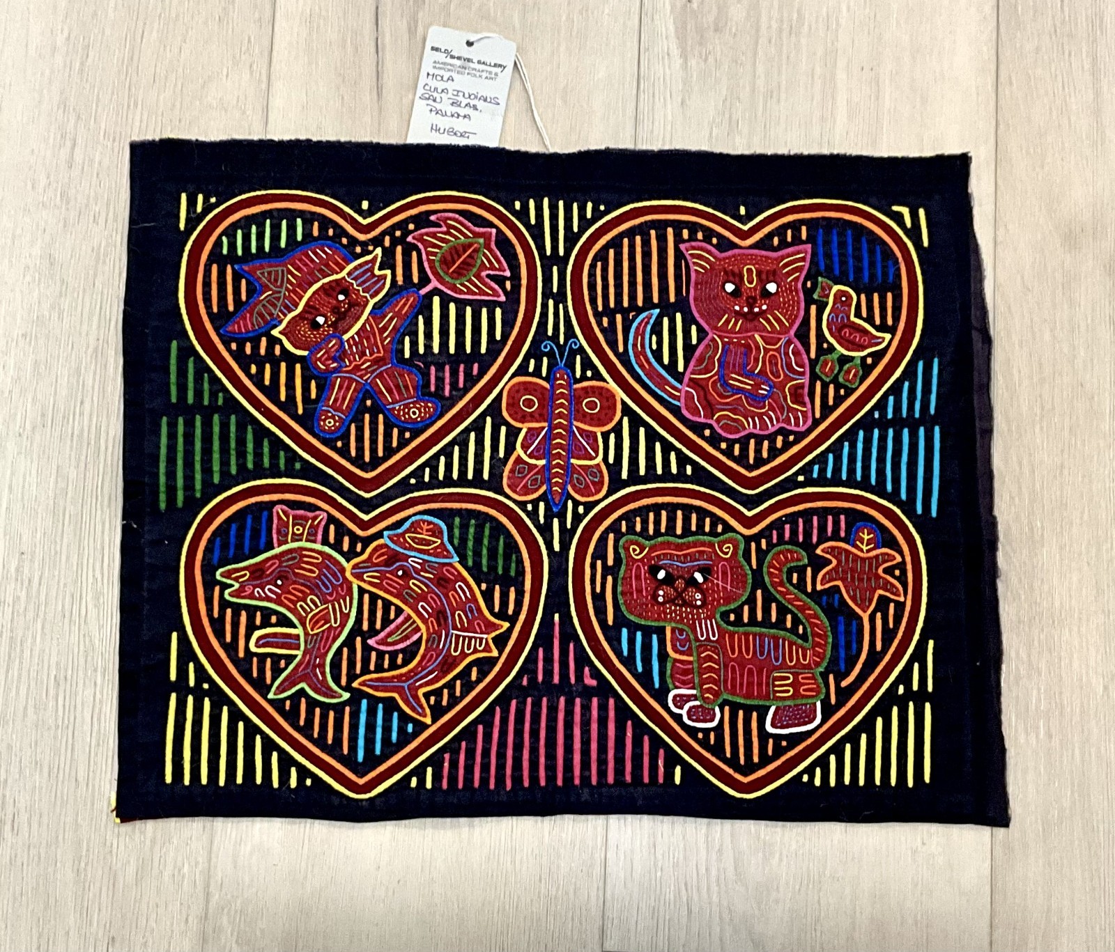 Vintage Guna Kuna Mola Panama Cats Bird Heart Fish Butterfly Folk Art Black NWT Vintage Guna Kuna Mola Panama Cats Bird Heart Fish Butterfly Folk Art Black NWT
