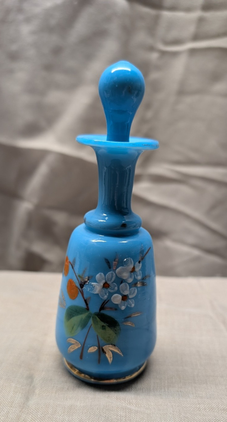 ANTIQUE VICTORIAN DRESSER PERFUME COLOGNE BLUE ENAMELED SCENT BOTTLE