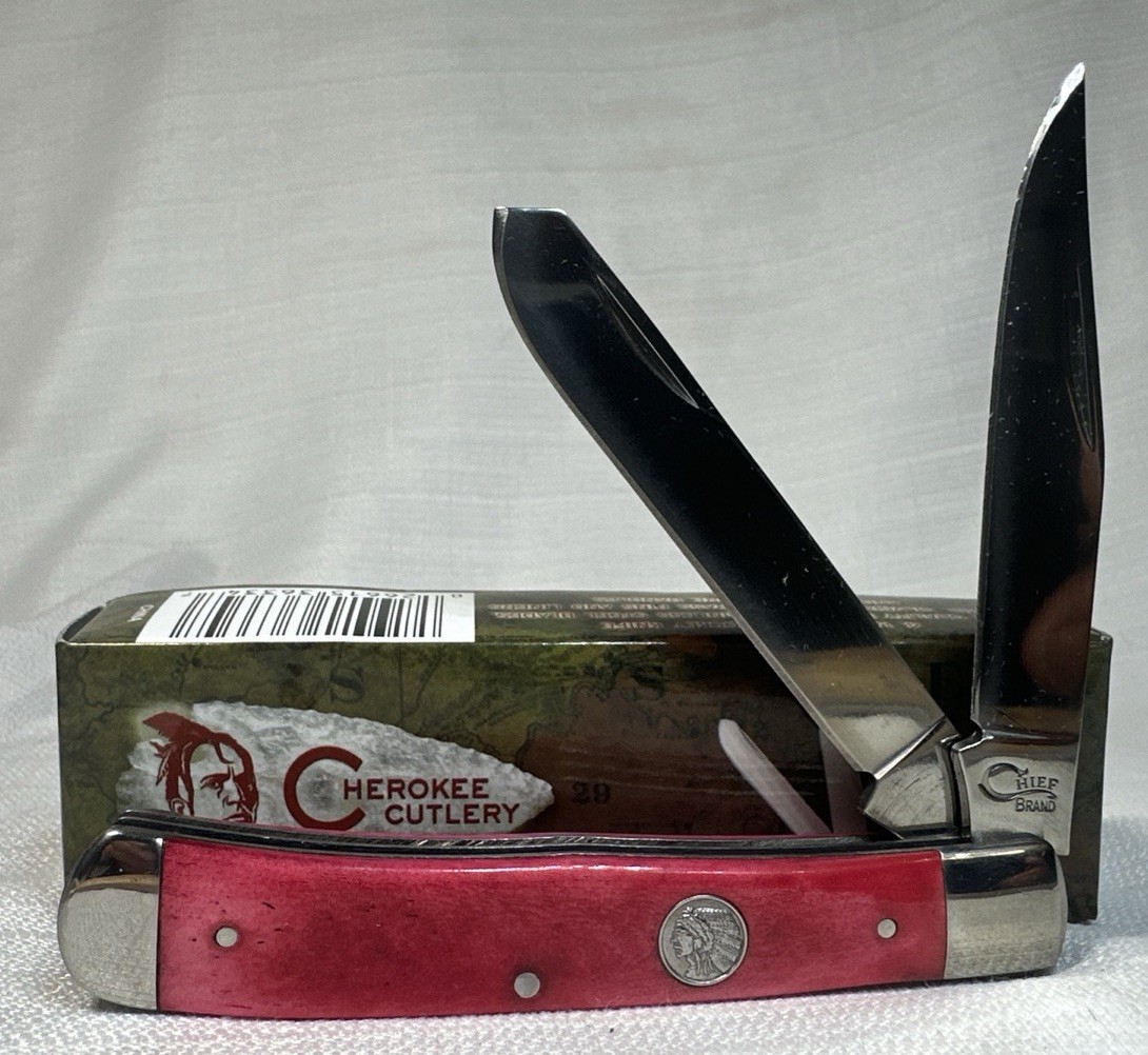 CHEROKEE Cutlery Collectors Knife 2 Blade Trapper ~ Red Smooth Bone Handles
